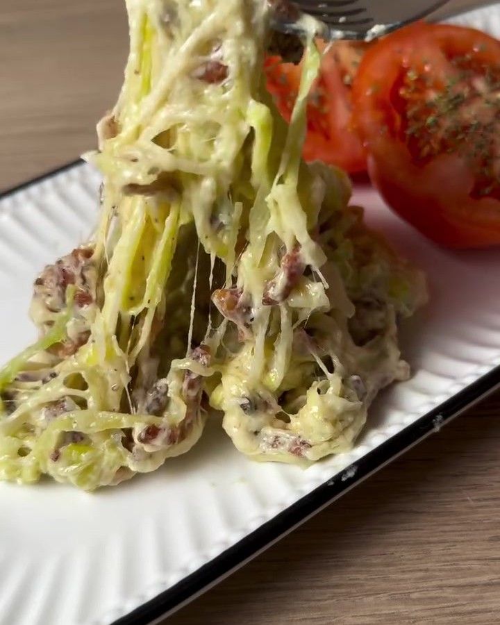 Spaghetti de puerro y bacon